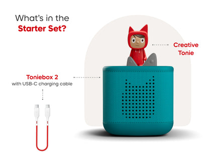 Toniebox 2 with USB-C charging cable and Creative Tonie toy on a white background