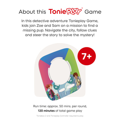 ToniePlay game packaging with colorful design and text about the game's content.