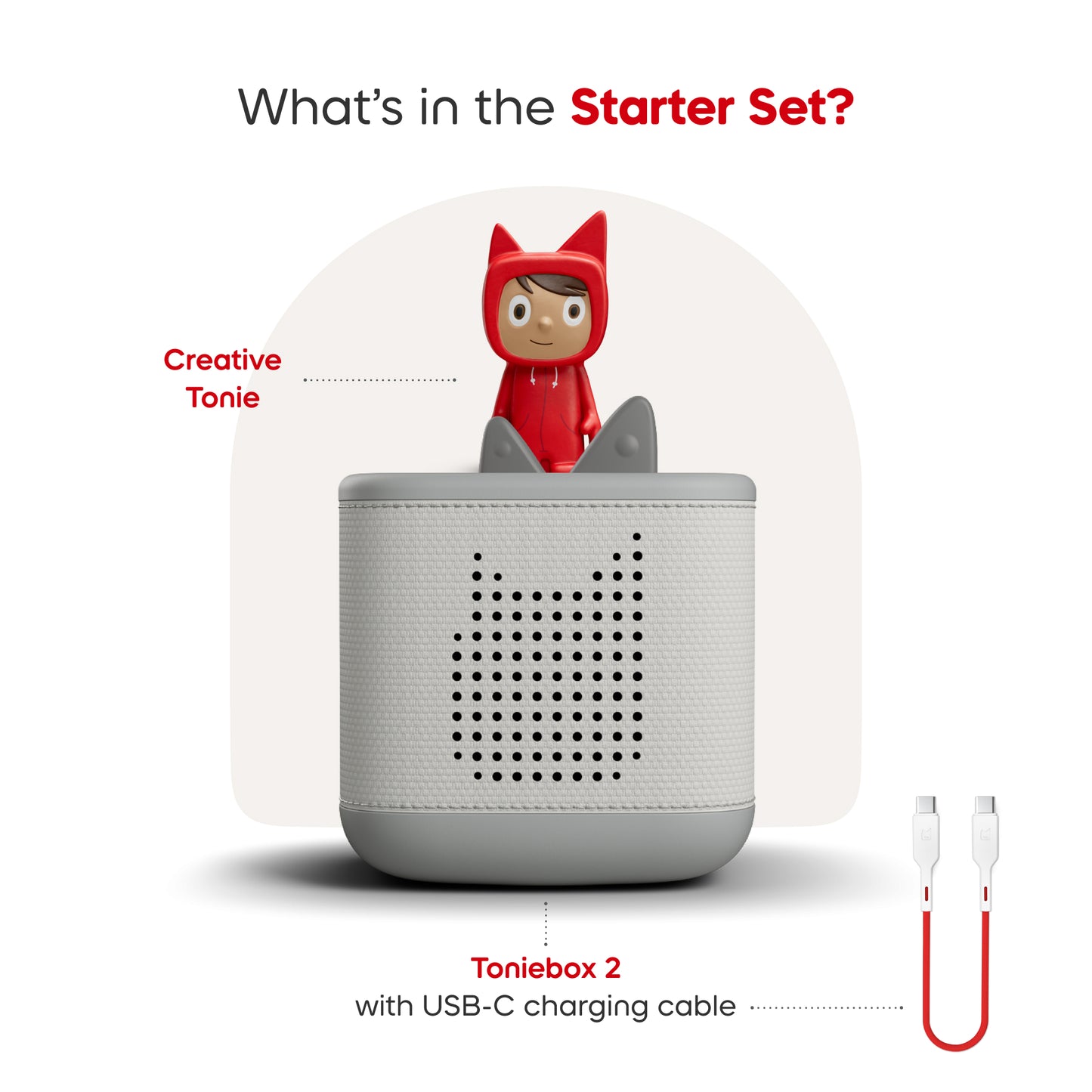 Toniebox 2 with USB-C charging cable and a red figurine on a white background