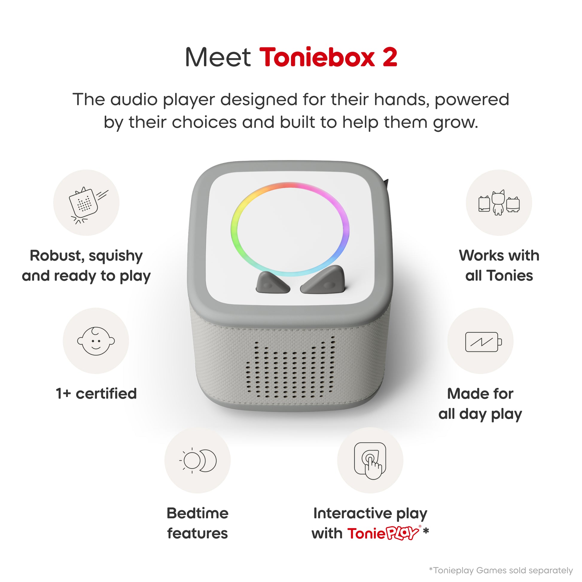 Toniebox 2 audio player with features listed on a white background