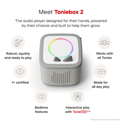 Toniebox 2 audio player with features listed on a white background