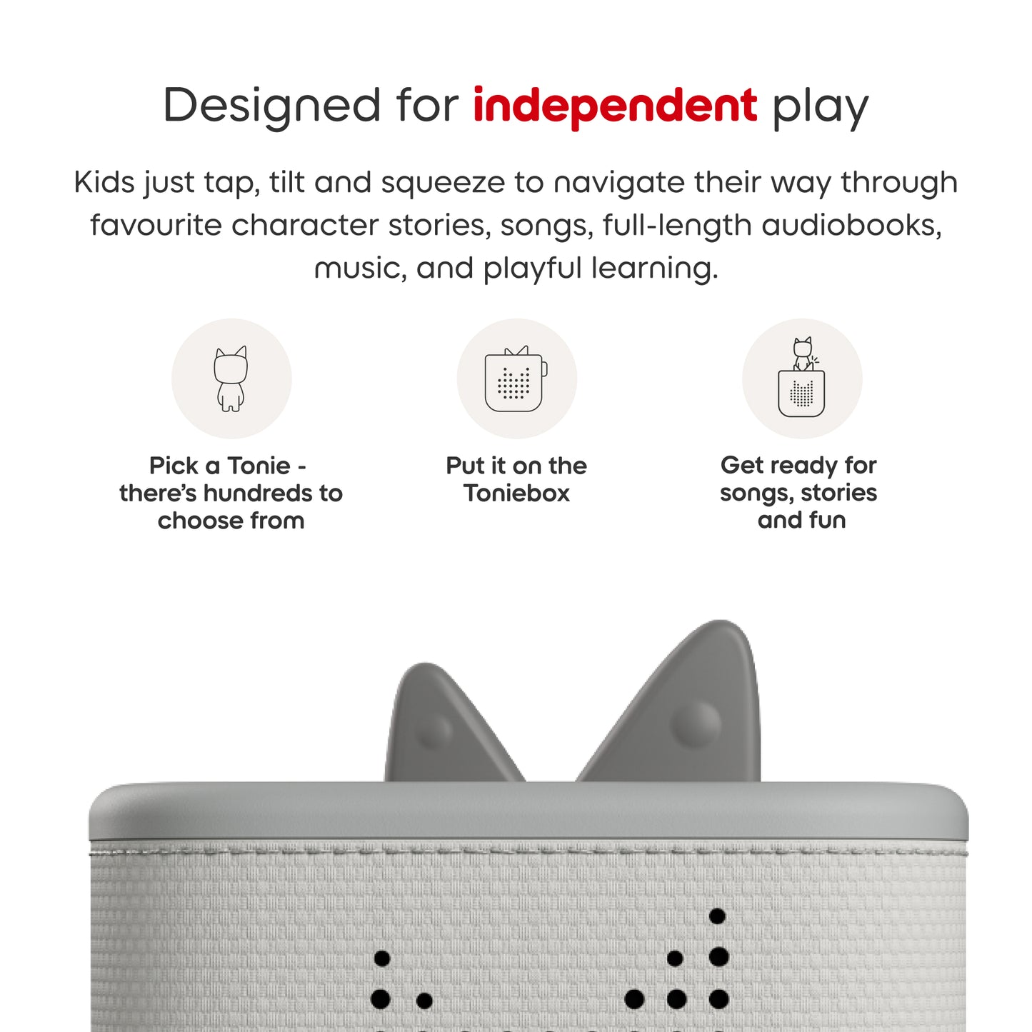 Gray toy with cat ears and text about independent play on a white background