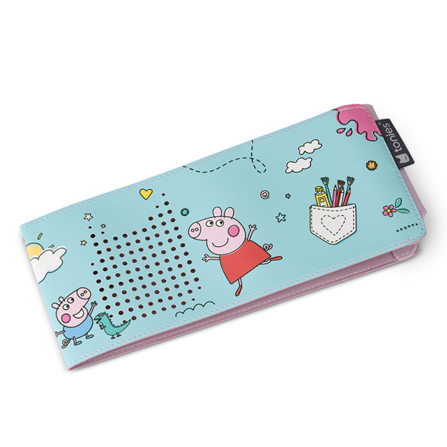 Children's pencil case with cartoon characters on a light blue background