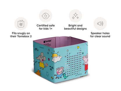 Colorful box with cartoon characters on a white background, featuring text about product features.