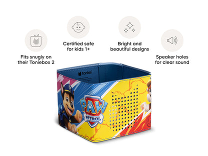 PAW Patrol toy box with features listed on a white background