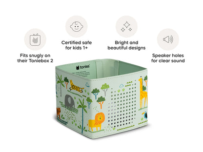 Square container with animal illustrations on a white background, featuring text about its features.