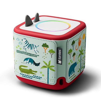 Children's toy cube with animal illustrations on a white background