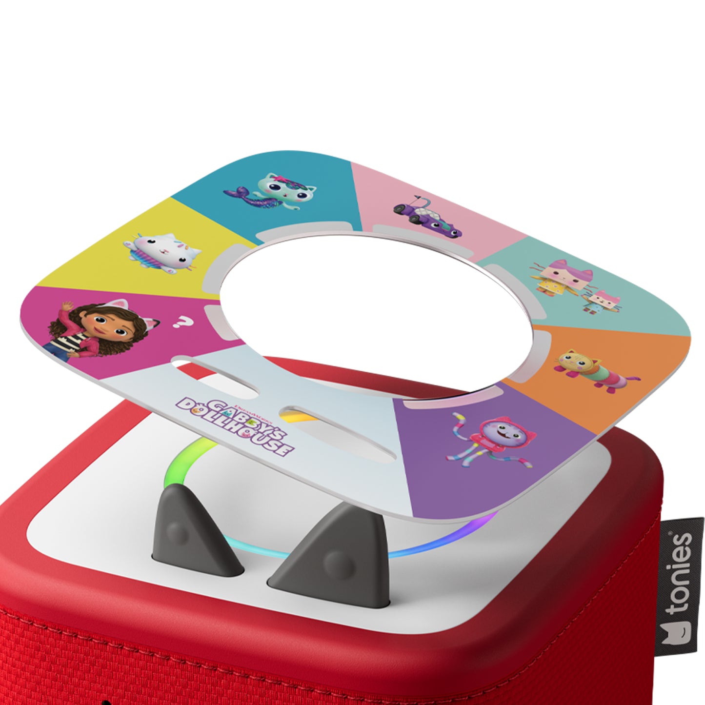 Colorful toy with cartoon characters on a white background