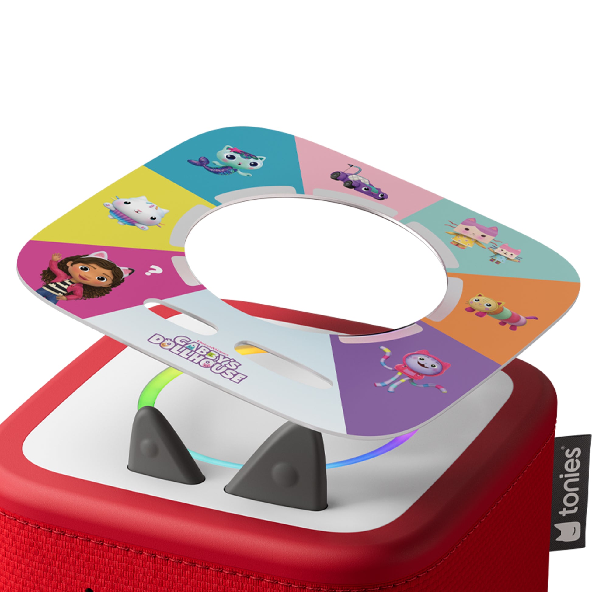 Colorful toy with cartoon characters on a white background