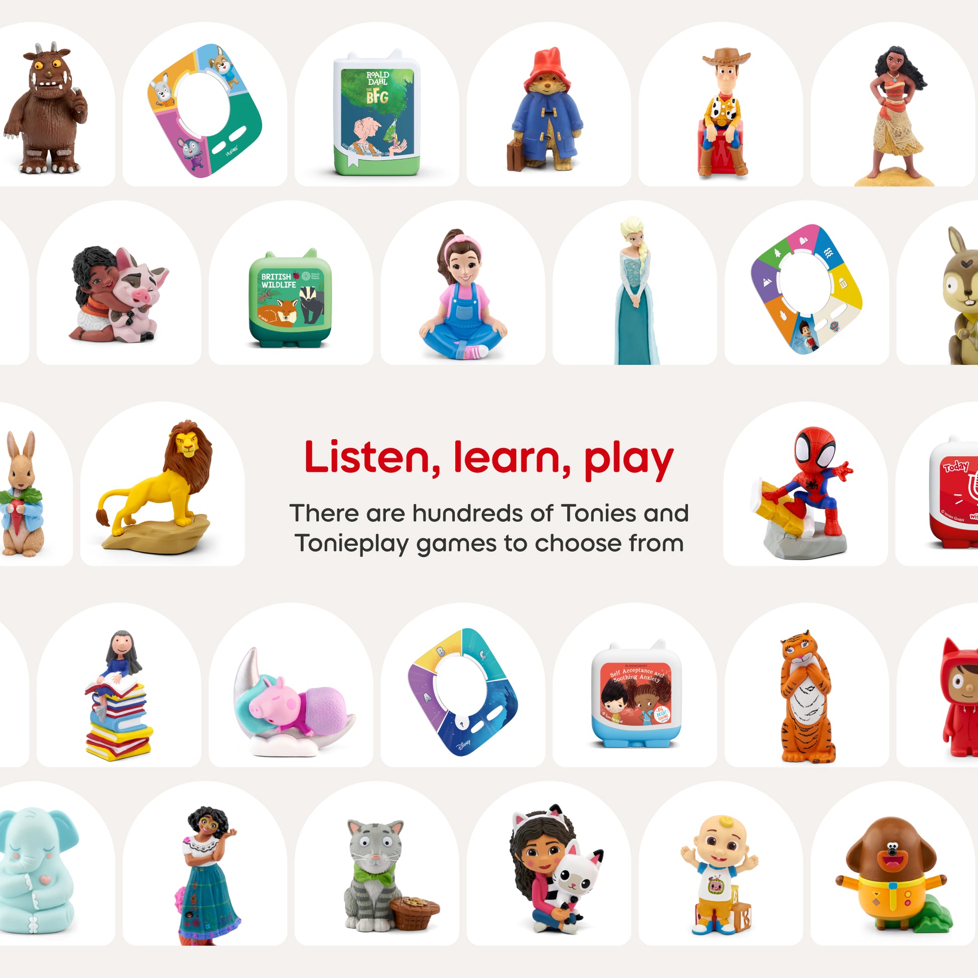 Collection of Tonie figurines and boxes on a white background with text 'Listen, learn, play'.