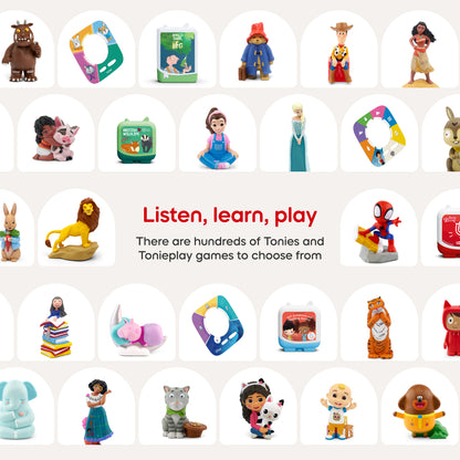Collection of Tonie figurines and boxes on a white background with text 'Listen, learn, play'.