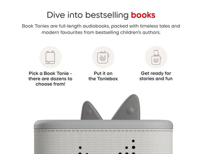 Advertisement for Book Tonies with a gray box and text about audiobooks.