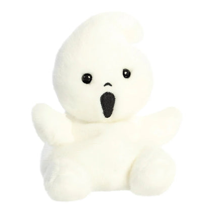 White plush toy with black eyes and mouth on a white background