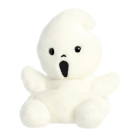 White plush toy with black eyes and nose on a white background