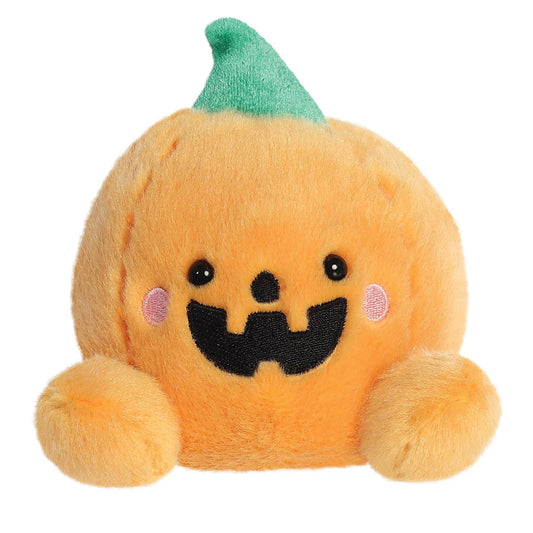 Plush toy pumpkin with a green top on a white background