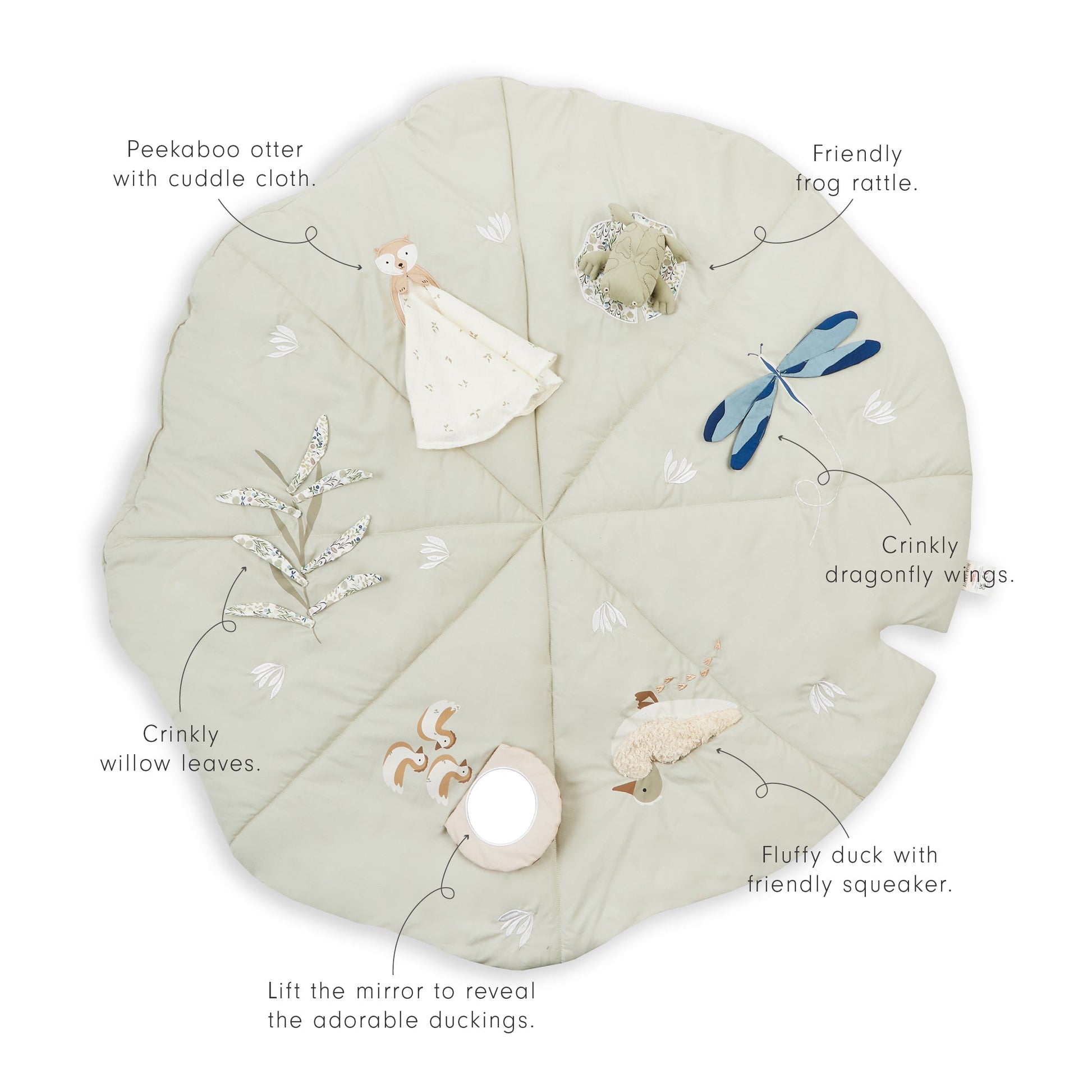 Round fabric play mat with various interactive elements on a light green background
