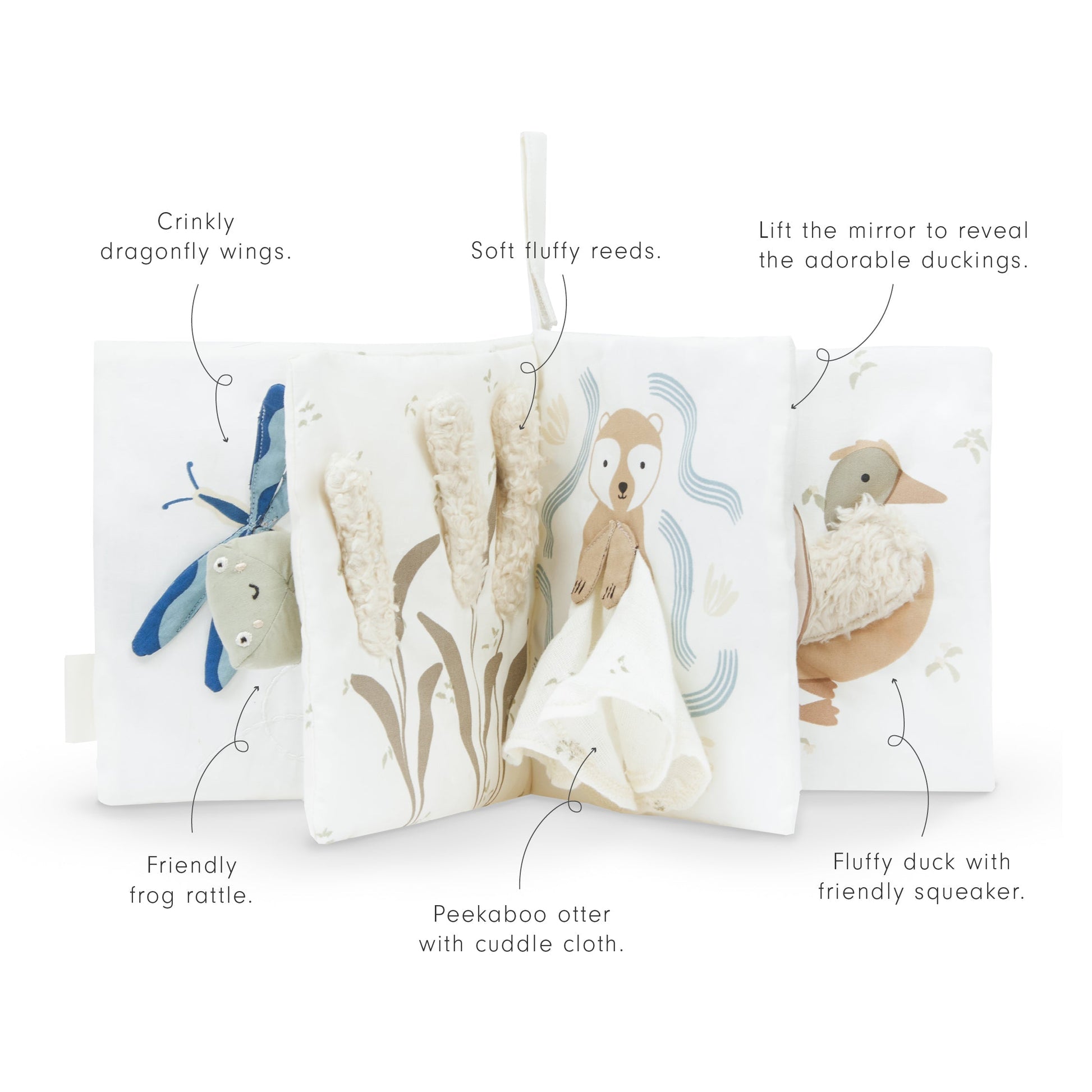 Children's soft toy set with various features labeled on a white background
