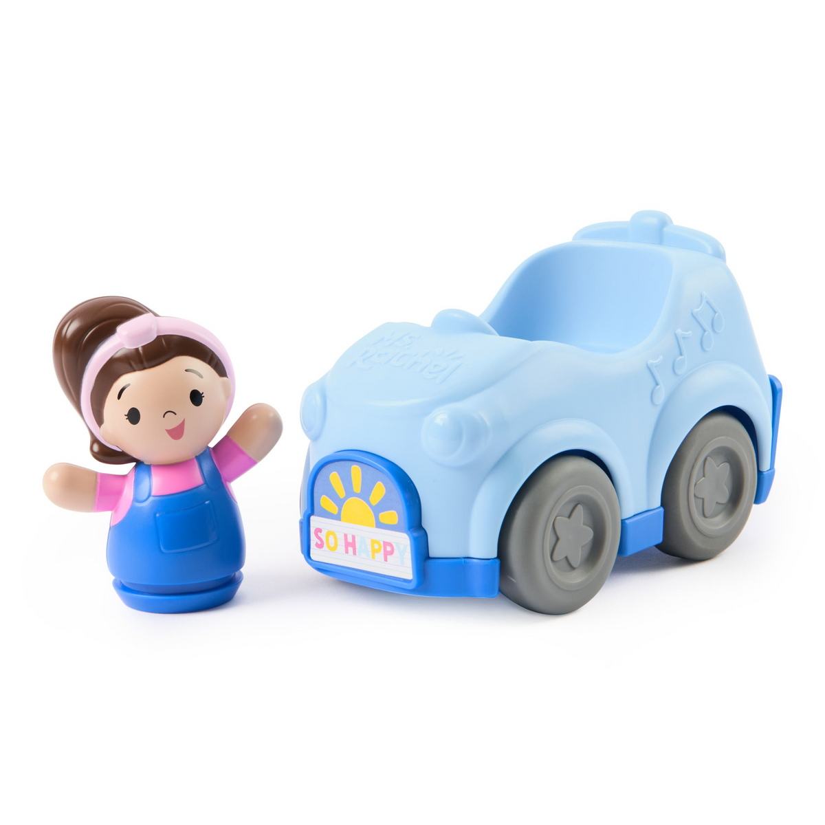 Toy car and doll set on a white background