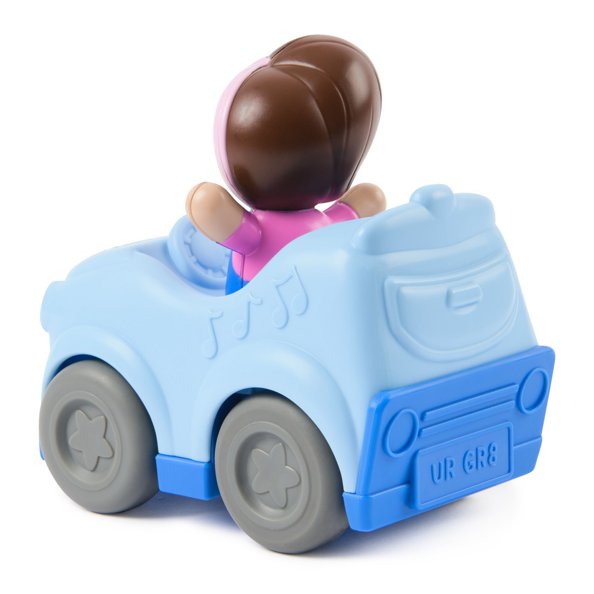 Toy figure of a child in a blue car with gray wheels on a white background