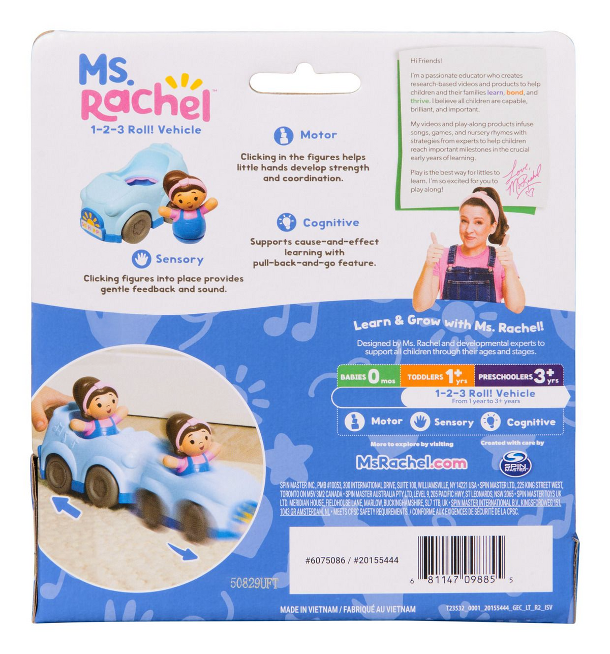 Back packaging of the Ms. Rachel 1-2-3 Rolli Vehicle toy, showing product features, age information, a demonstration photo, and a barcode on a white and blue card.