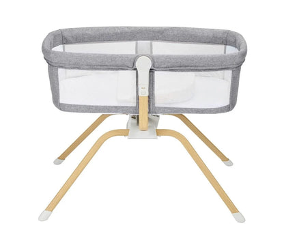 Gray and beige baby crib with mesh sides on a white background
