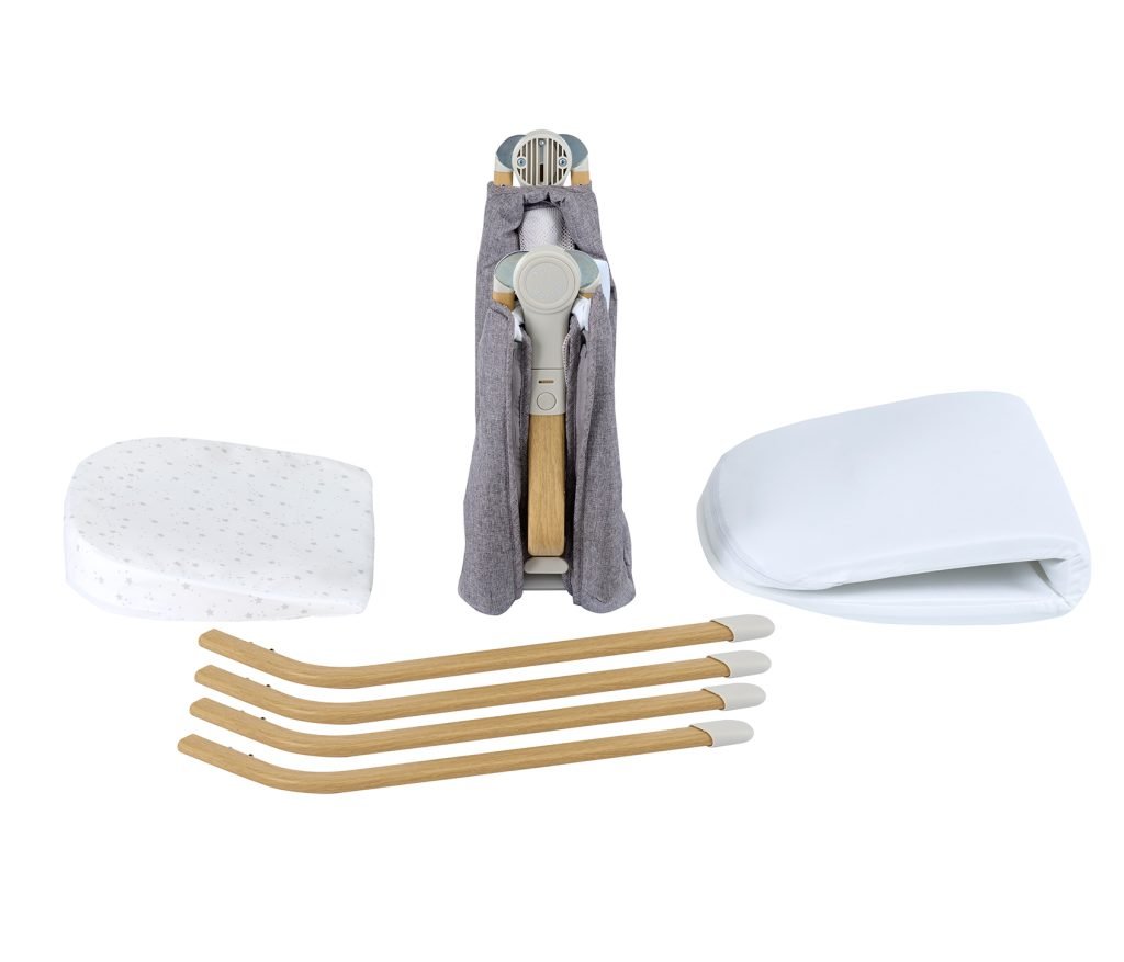 Set of cleaning tools including sponges, cloths, and a brush in a gray carrying case on a white background.