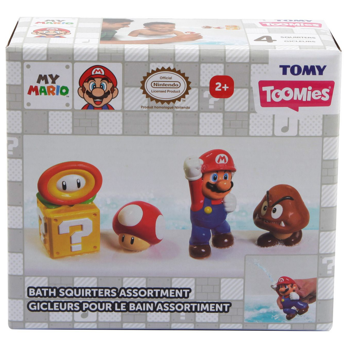 Box of Tomy Toomies My Mario bath squirters with characters on a checkered background