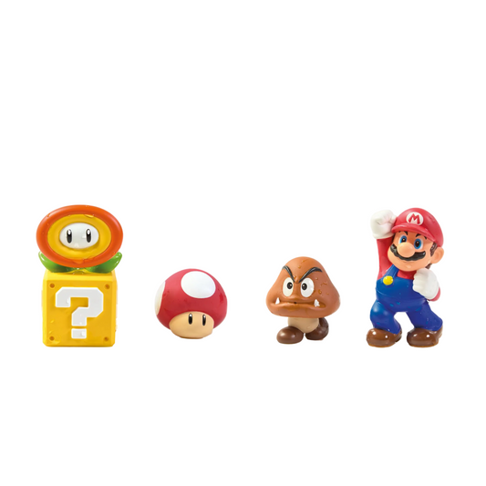 Set of Super Mario-themed figurines on a white background