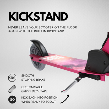 Pink scooter with kickstand feature on a gray background