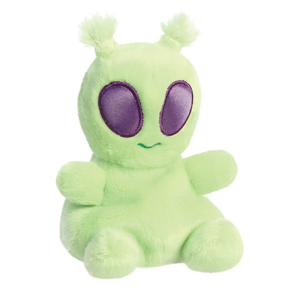 Green plush toy with purple eyes on a white background