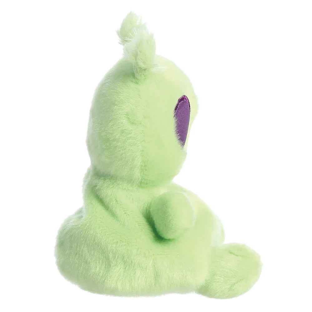 Green plush toy with a purple eye on a white background