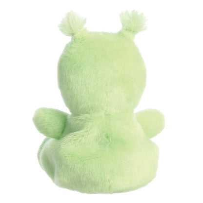 Green plush toy with pom-pom ears on a white background