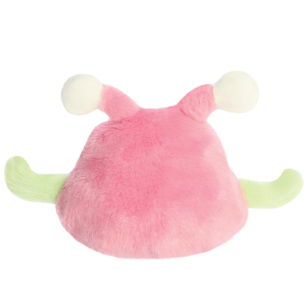 Pink plush toy with green accents on a white background