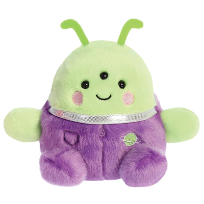 Plush toy with green head and purple body on a white background