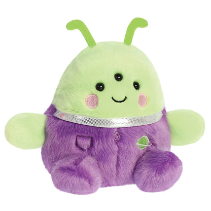 Plush toy with green head and purple body on a white background