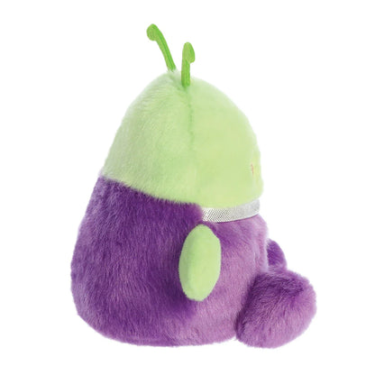 Plush toy with green top half and purple bottom half on a white background