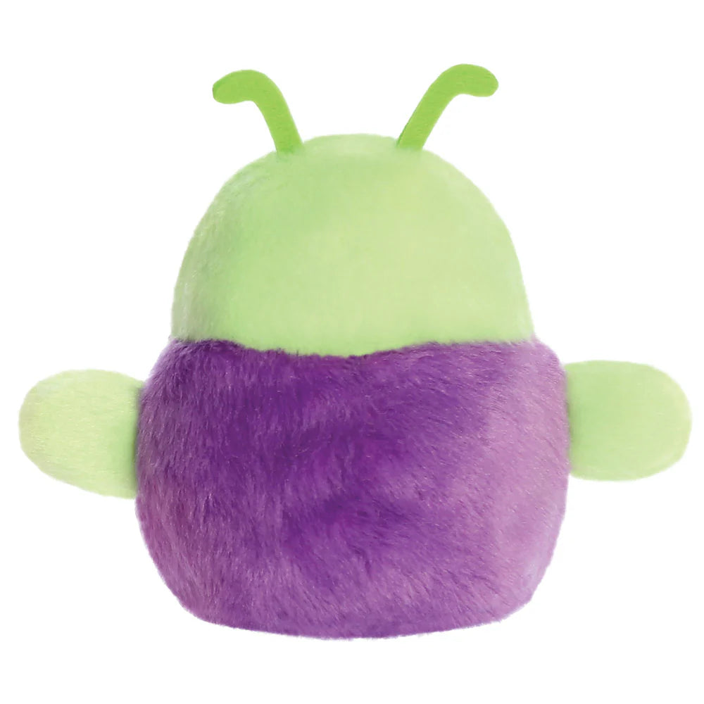 Plush toy with green top and purple bottom on a white background