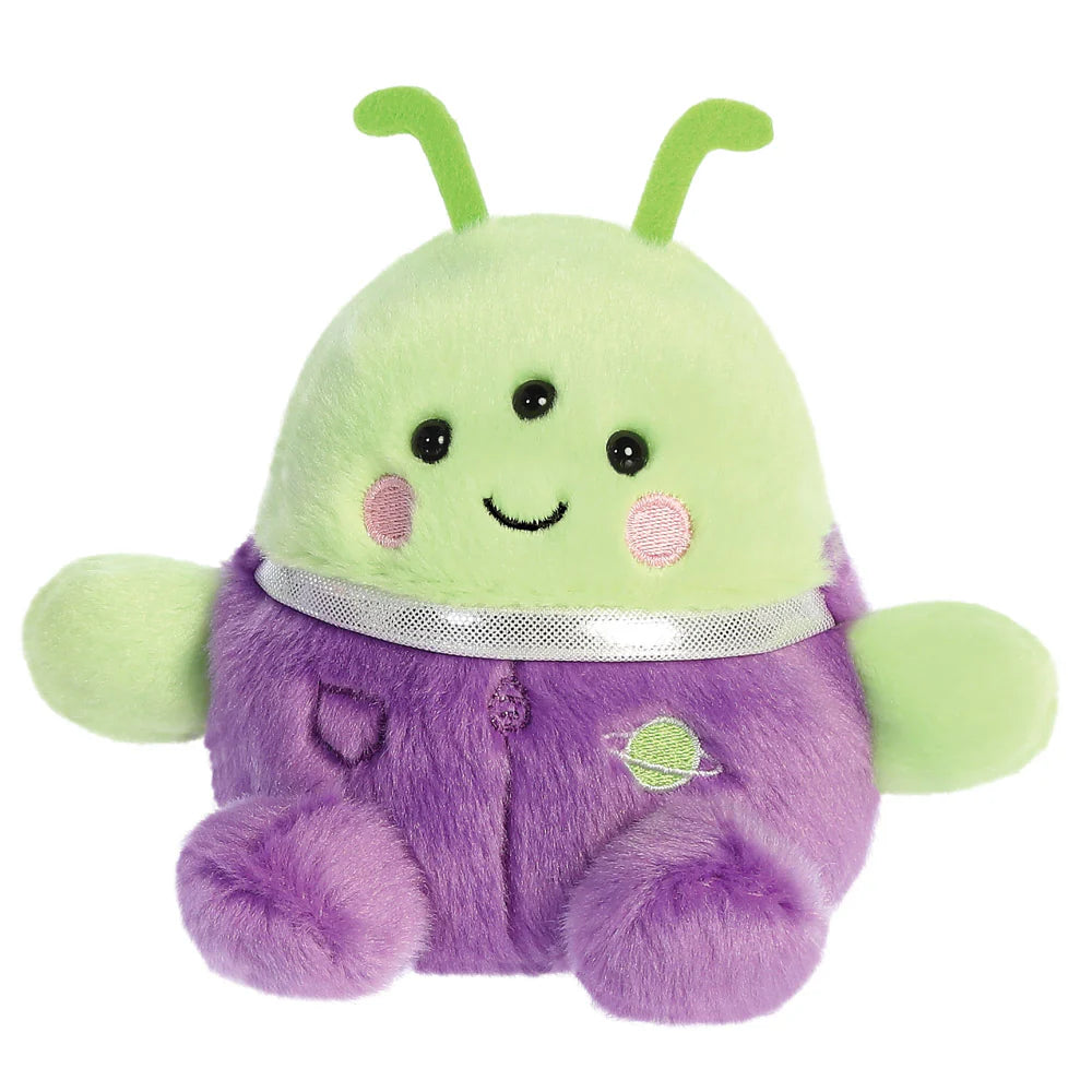 Plush toy with green head and purple body on a white background