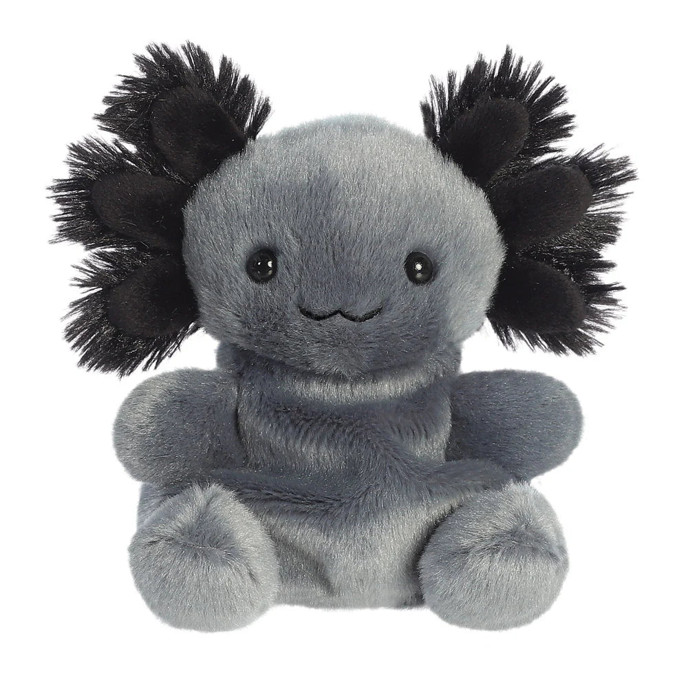 Gray plush toy with black spiky hair on a white background