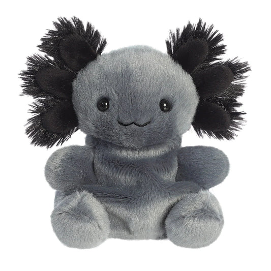Gray plush toy with black spiky hair on a white background