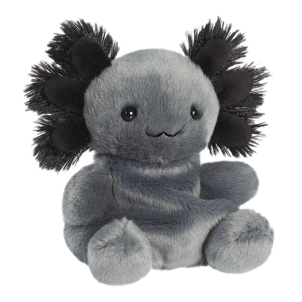 Gray plush toy with black flower-like ears on a white background