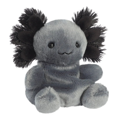 Gray plush toy with black flower-like ears on a white background