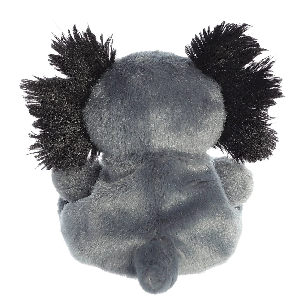 Gray plush toy with black pom-poms on a white background