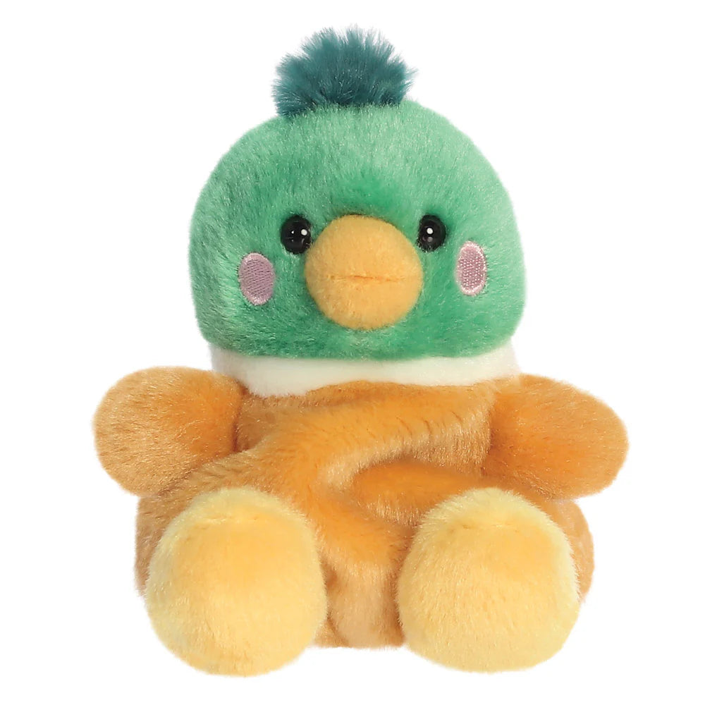 Plush toy duck with green head and orange body on a white background