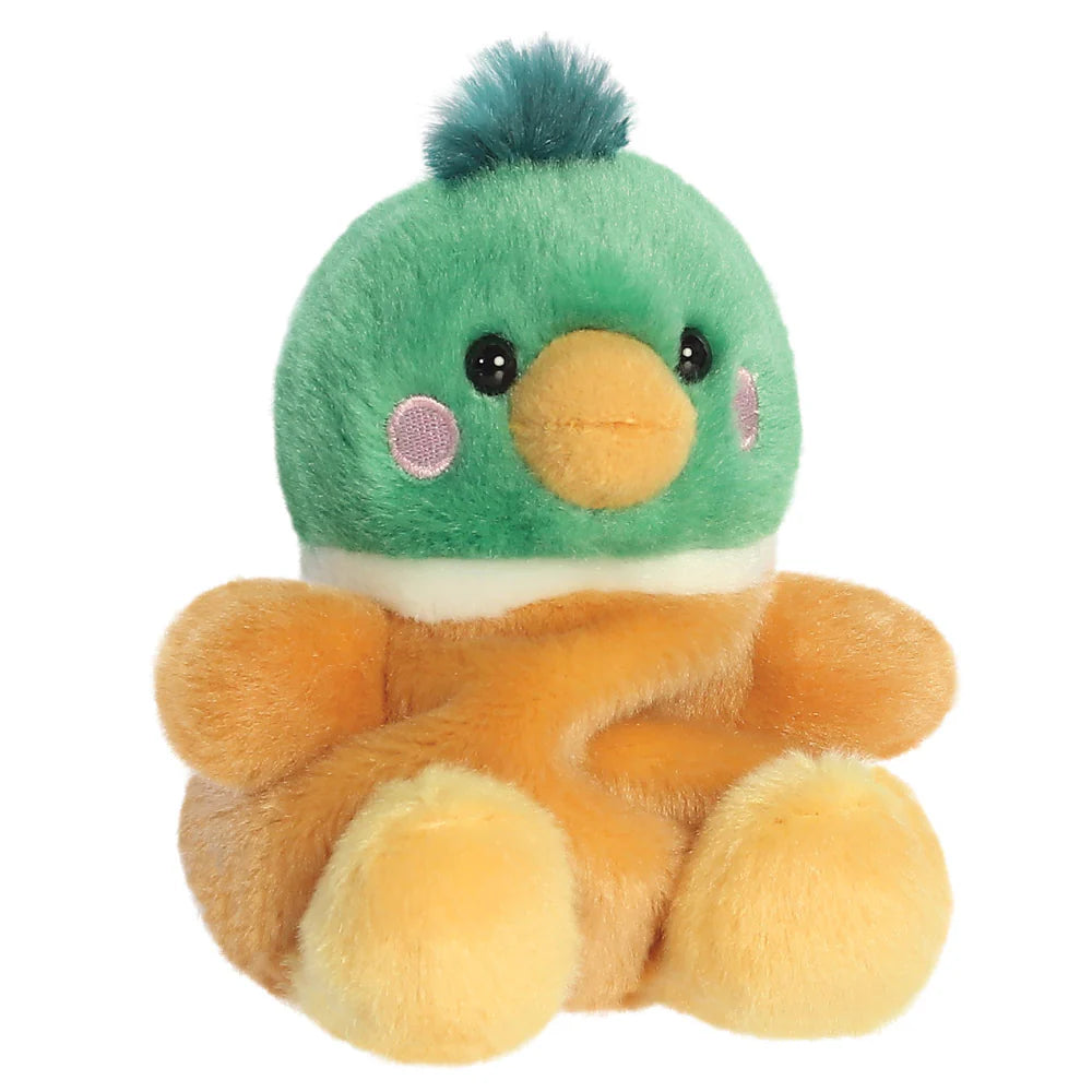 Plush toy duck with green head and orange body on a white background