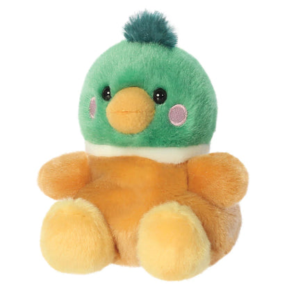 Plush toy duck with green head and orange body on a white background