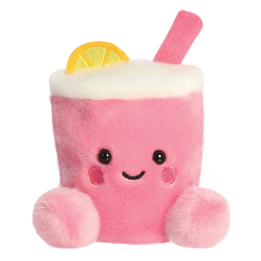 Pink plush drink toy with a lemon slice and straw on a white background