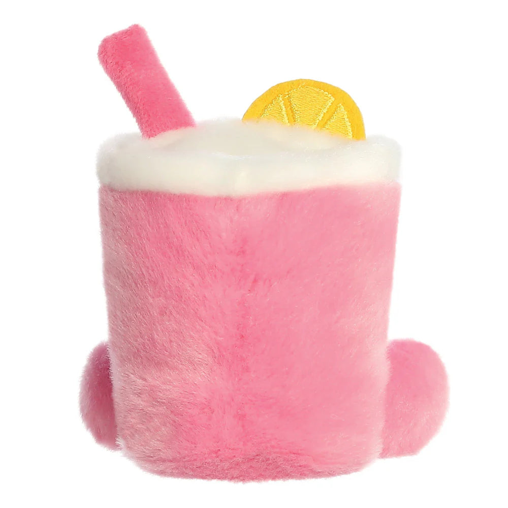 Pink plush drink toy with whipped cream, lemon slice, and straw on a white background