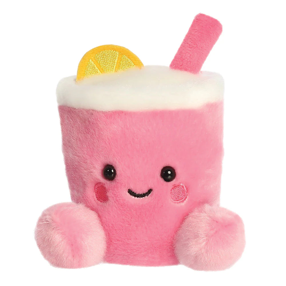Pink plush drink toy with a lemon slice and straw on a white background