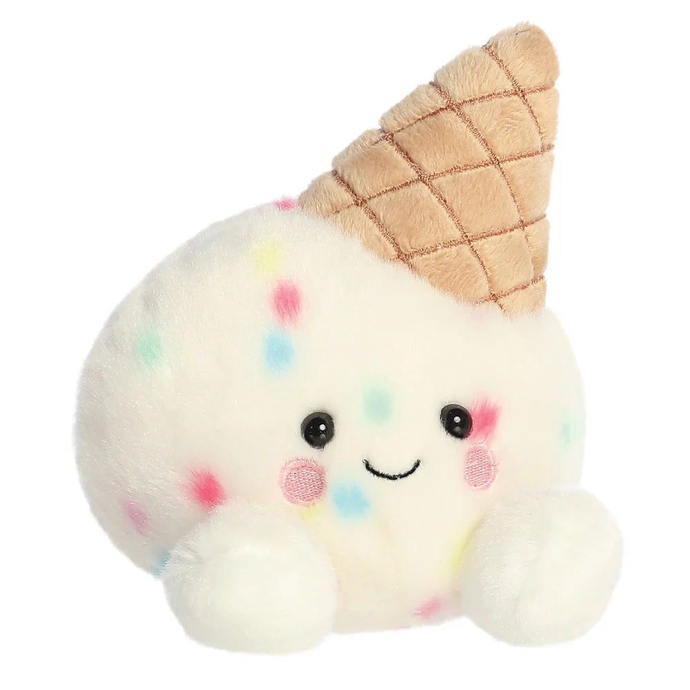Plush toy resembling a ice cream cone with a smiling face on a white background